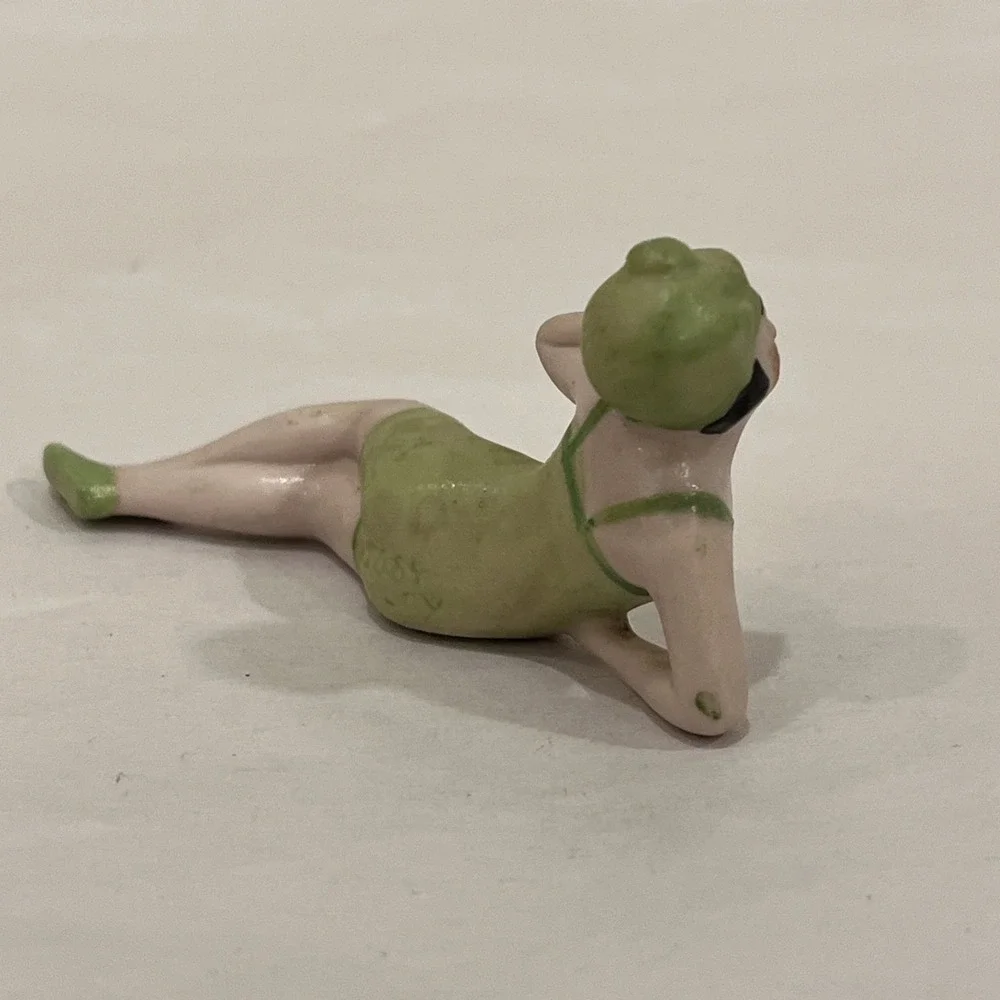 Antique German Art Deco Bisque Bathing Beauty Green Suit Cap Laying Germany 5684